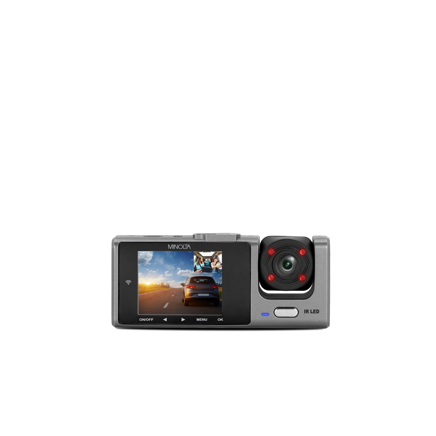 Car dashboard camera with screen displaying a road scene on a white background