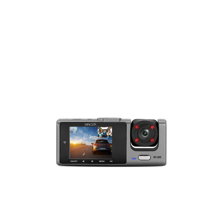Car dashboard camera with screen displaying a road scene on a white background
