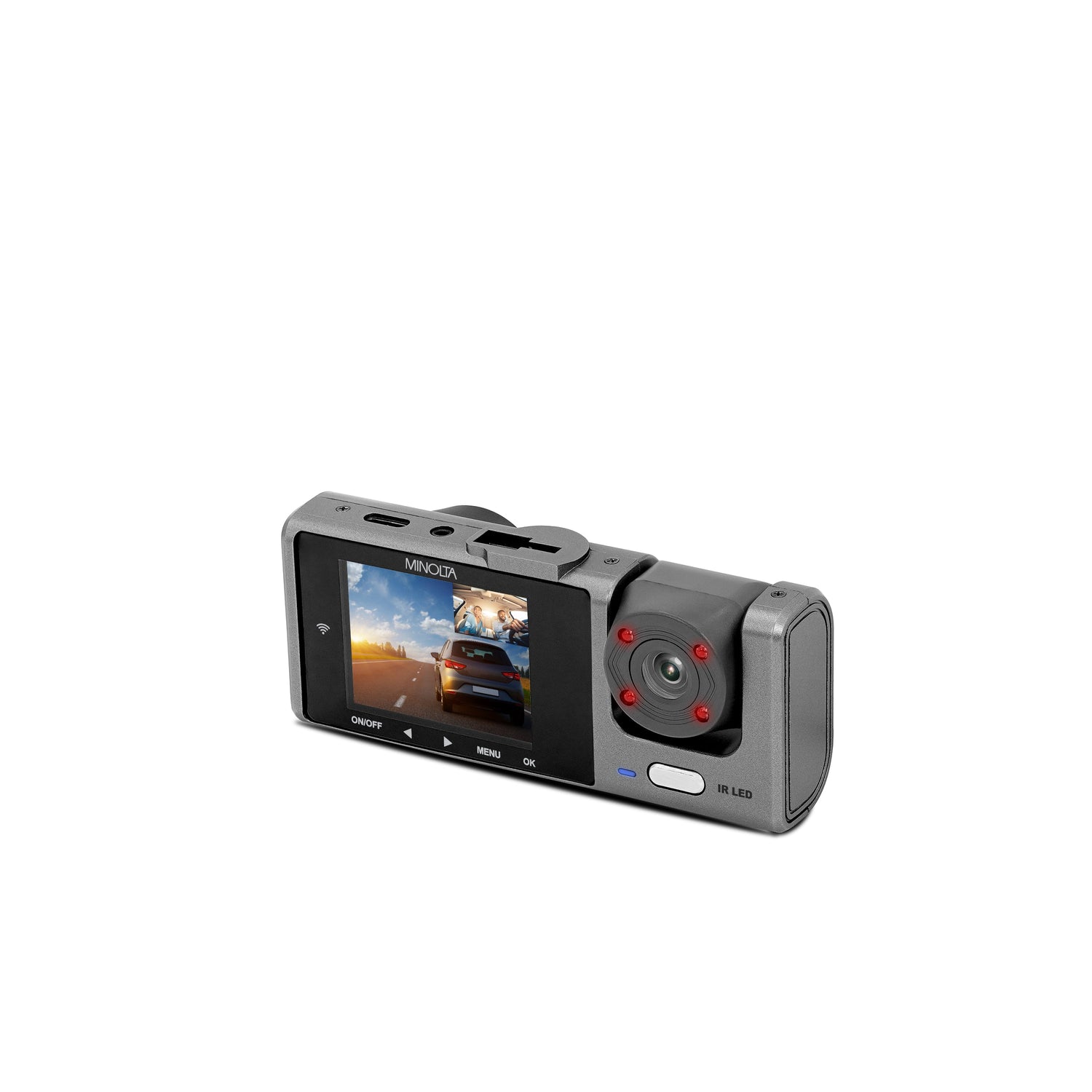 Car dashboard camera with display on a white background