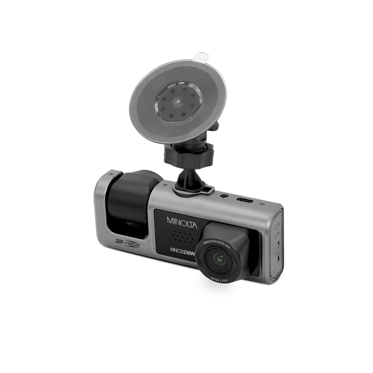 Car dashboard camera with windshield mount on a white background