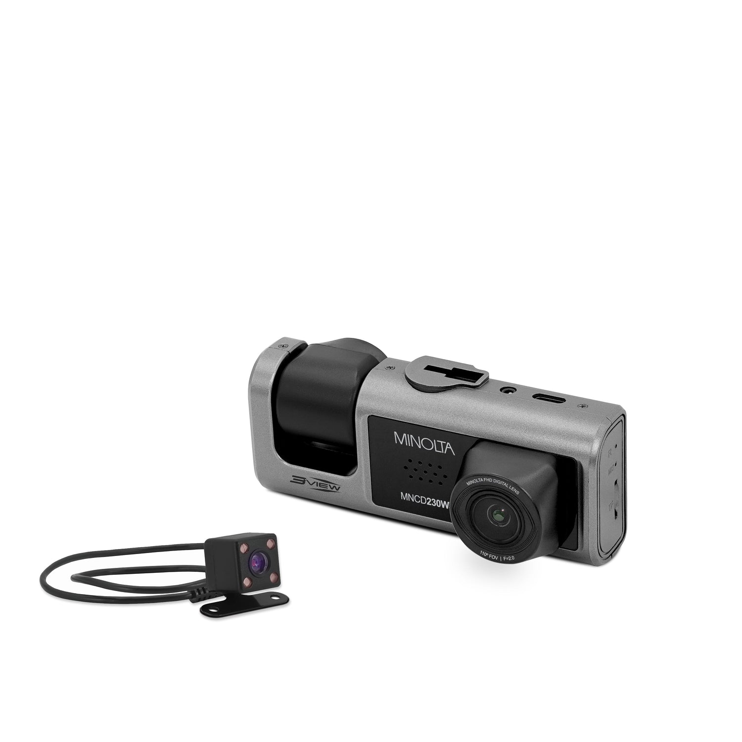 Minolta dual-lens camera system on a white background