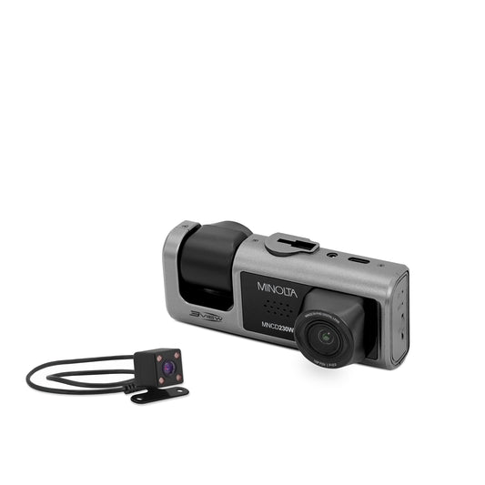 Car dashboard camera with Minolta branding on a white background