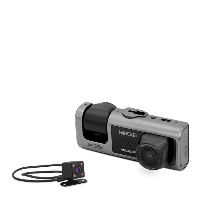 Minolta dual-lens camera system on a white background