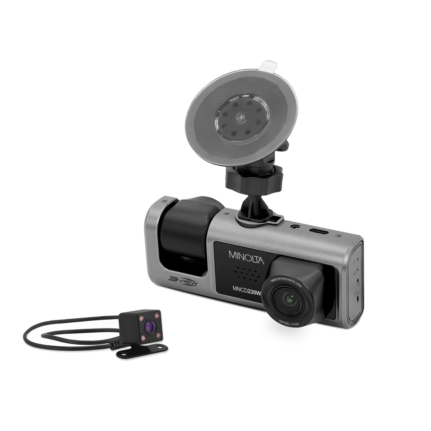 Car dashboard camera with a windshield mount on a white background