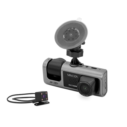 Car dashboard camera with Minolta branding on a white background