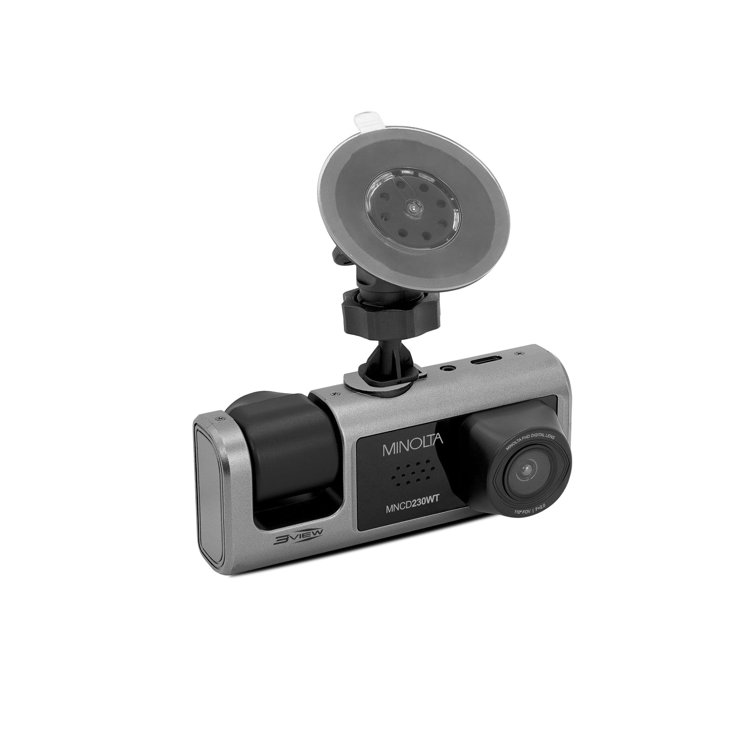 Car dashboard camera with suction cup on a white background