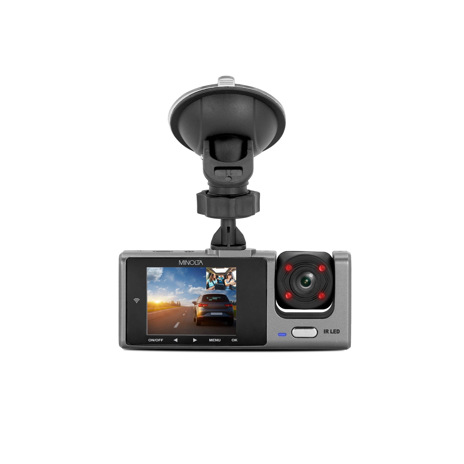 Car dashboard camera with screen displaying a road scene on a white background