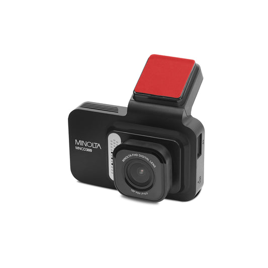 Minolta dashboard camera with red sensor cover on a white background