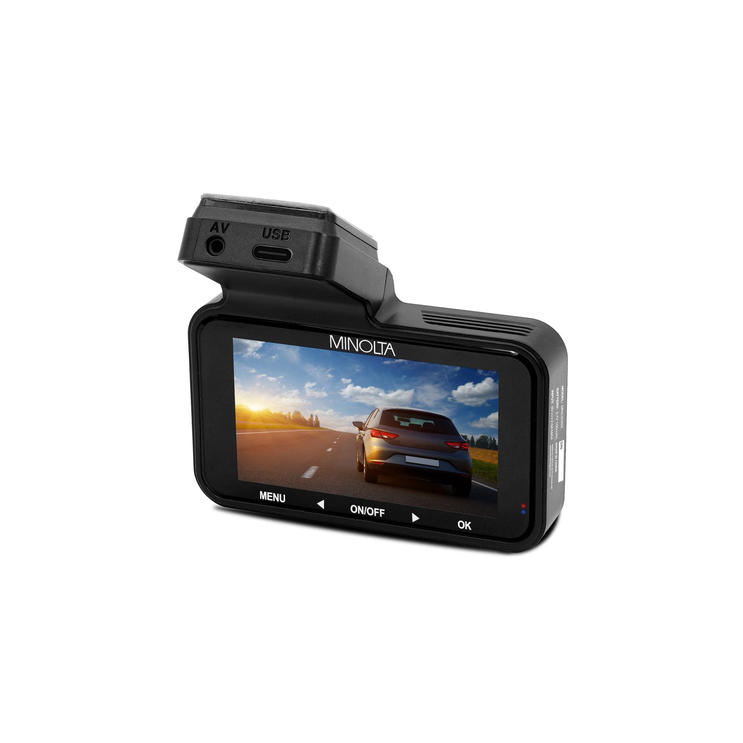 Minolta dashboard camera with screen displaying a car on a road.