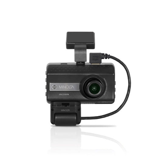 Minolta dash camera with a front and interior camera, featuring a 3 inch screen, in black color.