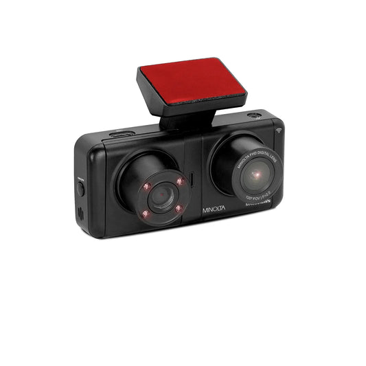 Car dashboard camera with two lenses and a red light on a white background
