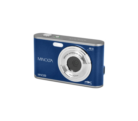 Blue Minolta digital camera on a white background