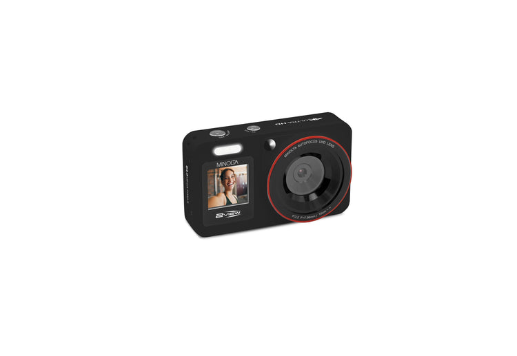 Digital camera with a small display screen on a white background