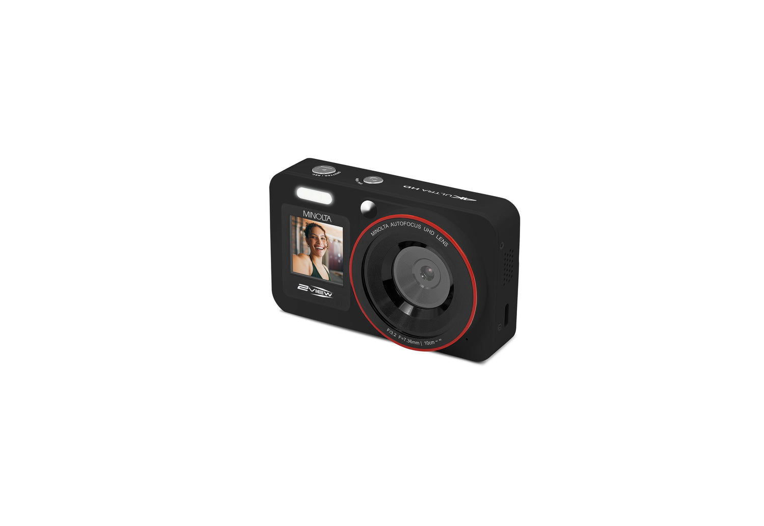 Black digital camera with a display on a white background