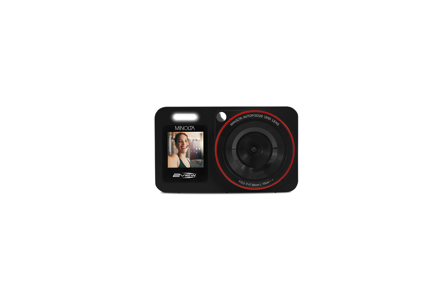 Digital camera with a screen displaying a photo on a white background