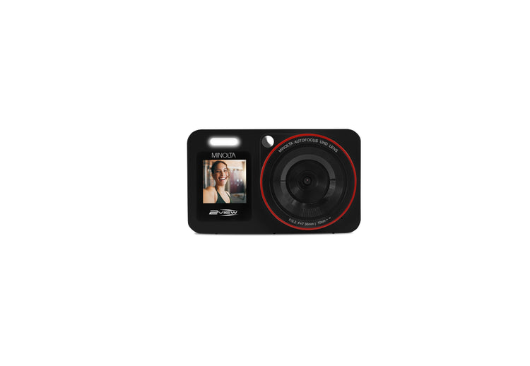 Digital camera with a screen displaying a photo on a white background