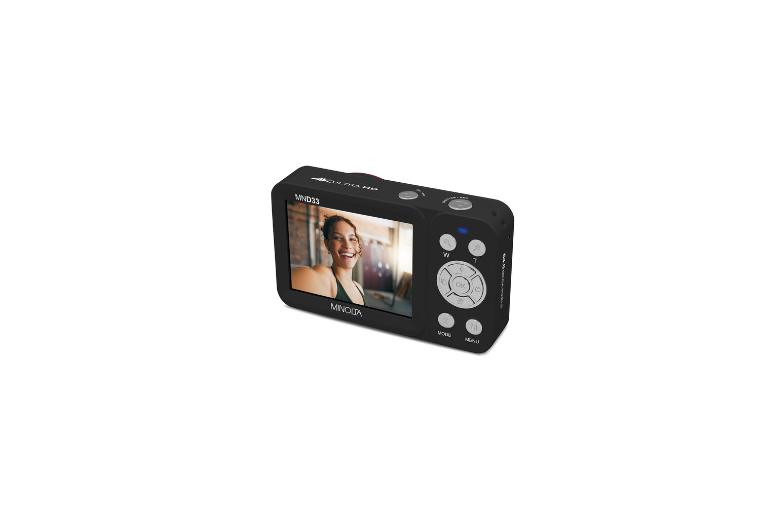 Digital camera with a screen displaying a person's face on a white background