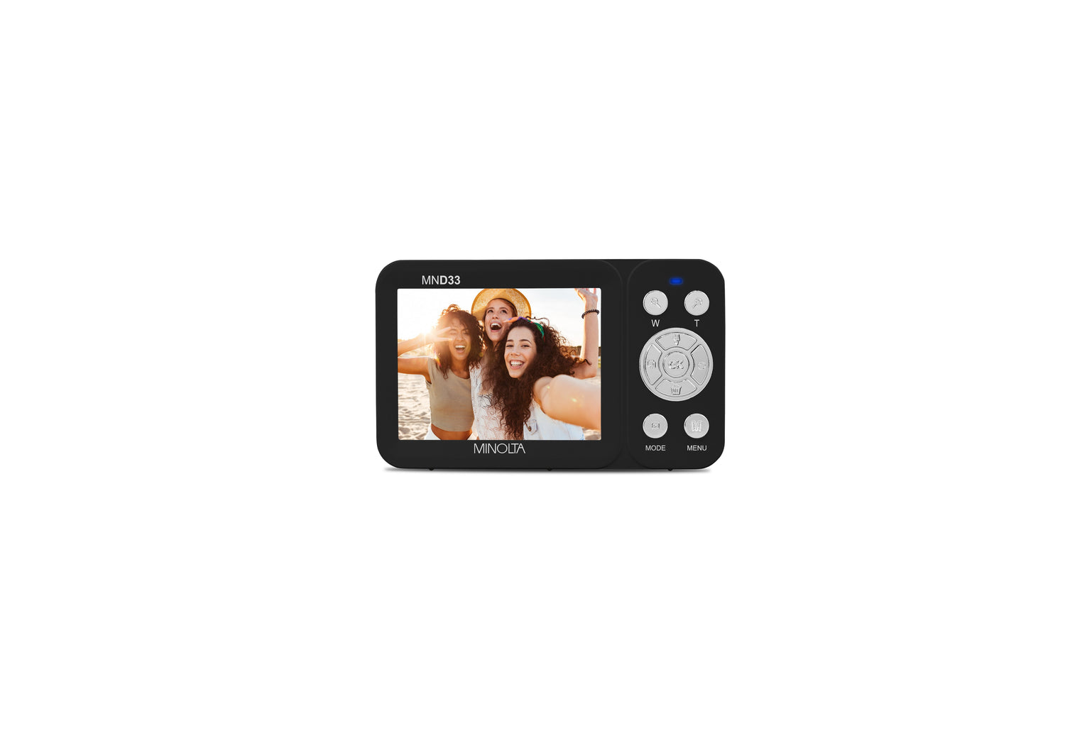 Digital photo frame displaying a photo of two women on a white background