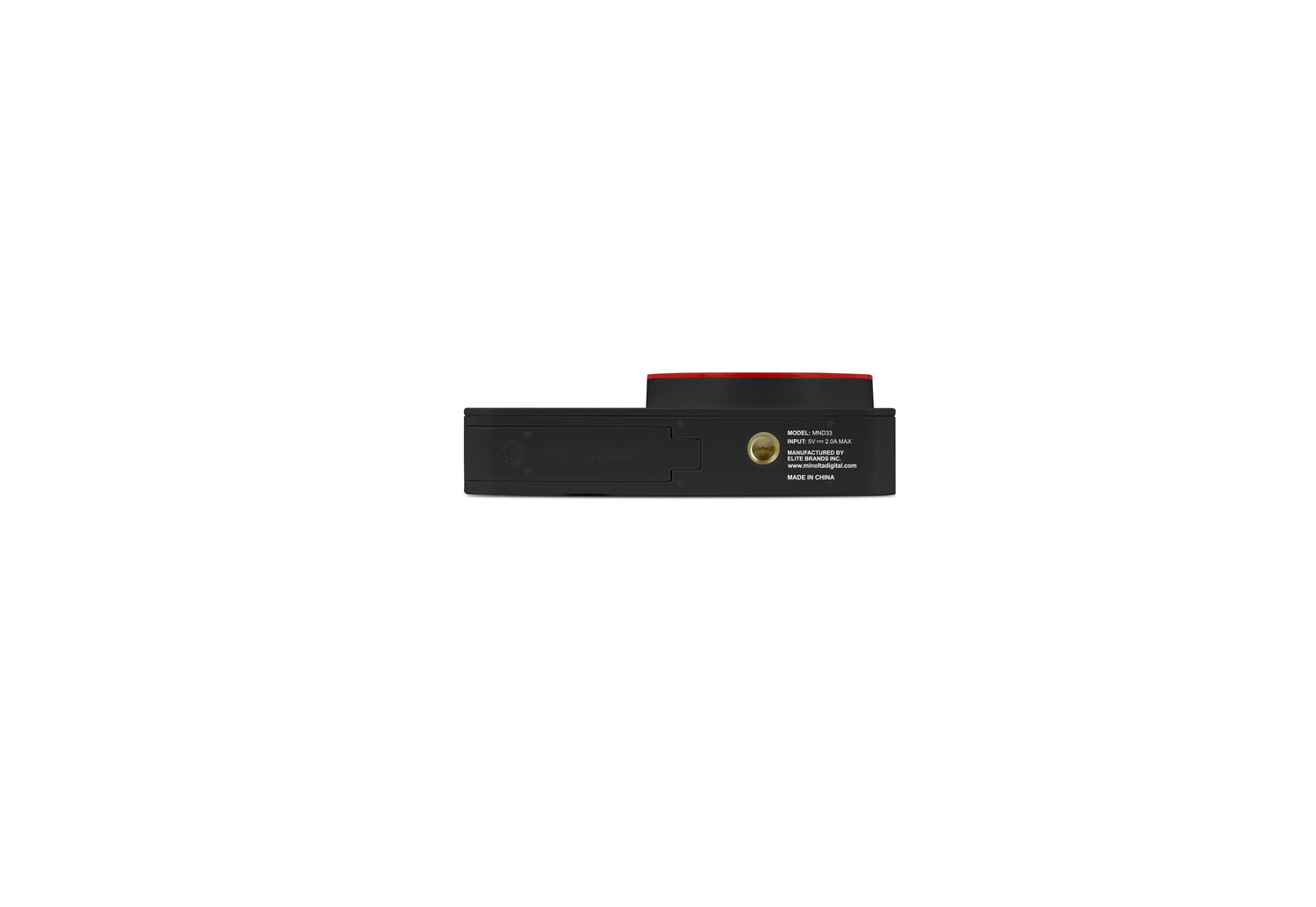 Black rectangular object with a red top on a white background
