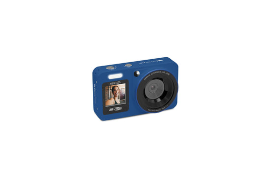 Blue digital camera on a white background