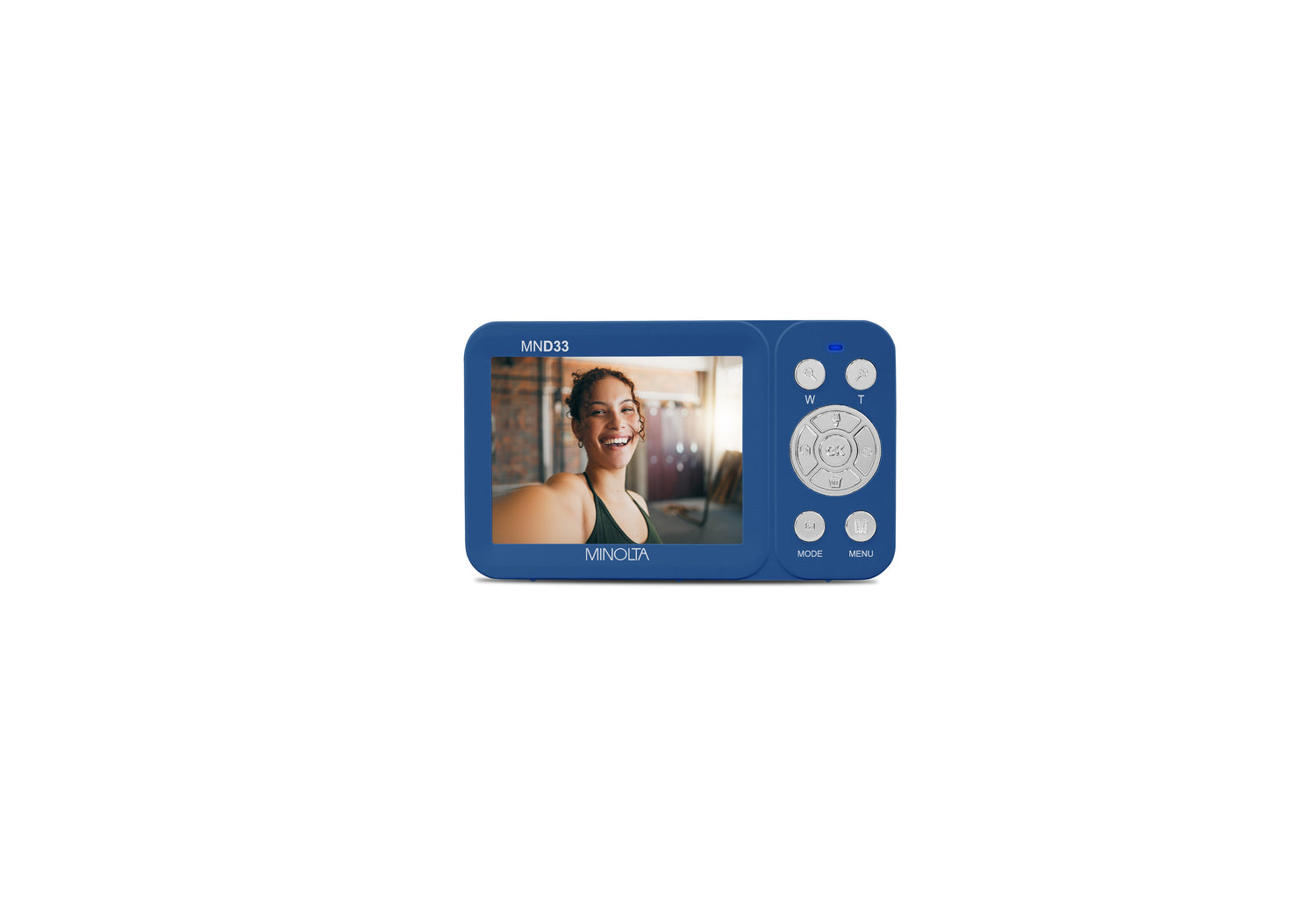 Blue digital photo frame with a woman's face on the screen, on a white background