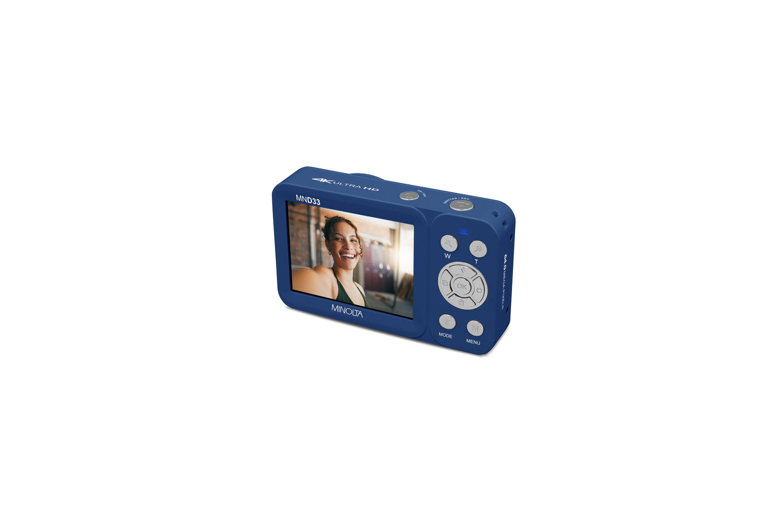 Blue digital camera with a screen displaying a person's face on a white background