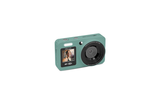 Green digital camera with a small screen on a white background