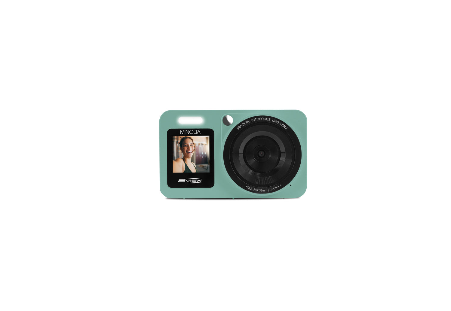 Mint green instant camera with a photo displayed on the screen against a white background