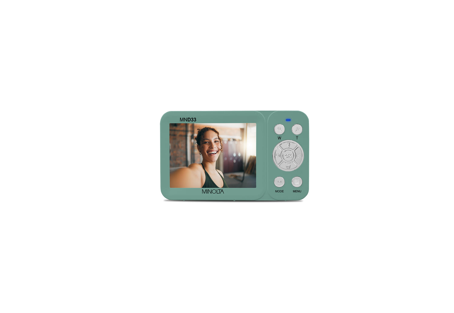 Green digital photo frame displaying a person's face on a white background