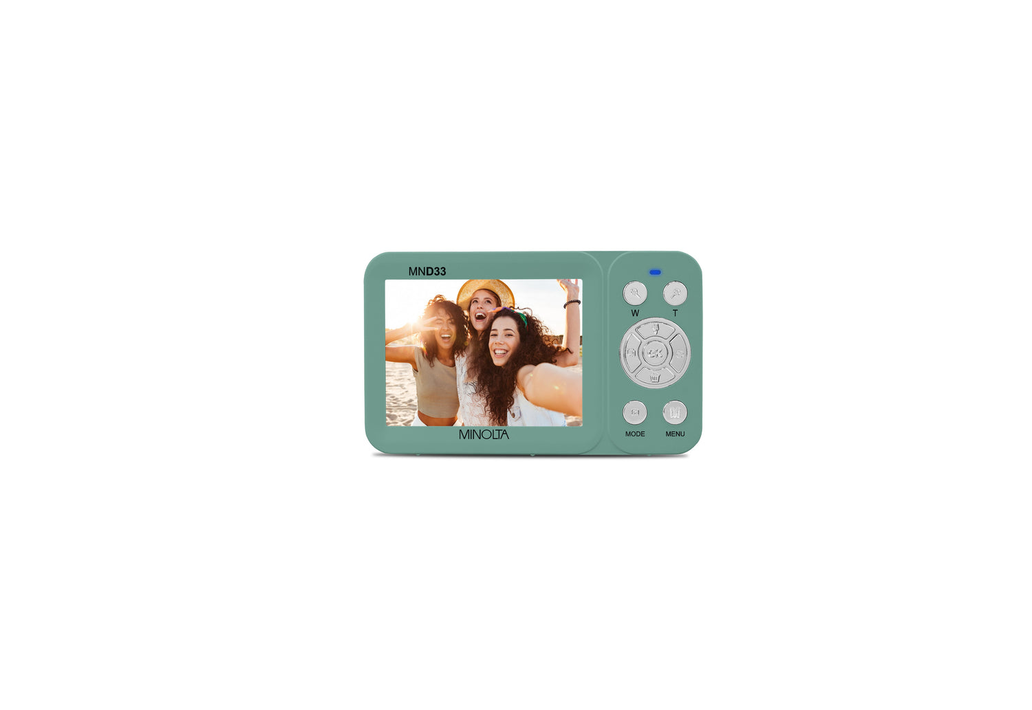 Digital photo frame with a display showing two people, on a white background