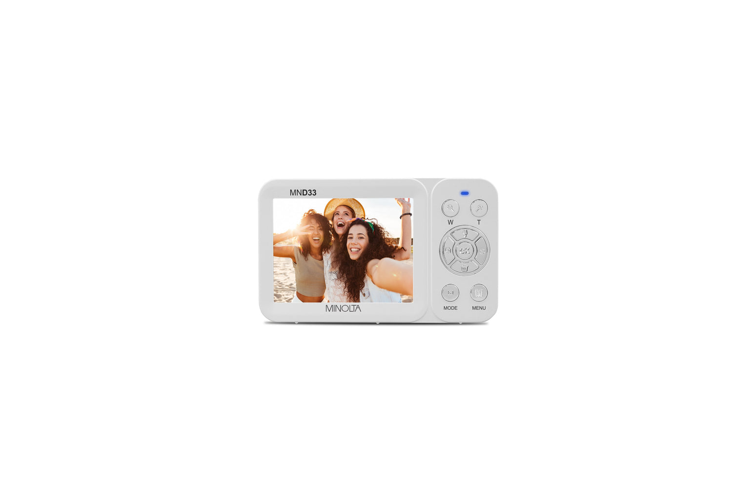 Digital photo frame displaying a photo of two people on a white background