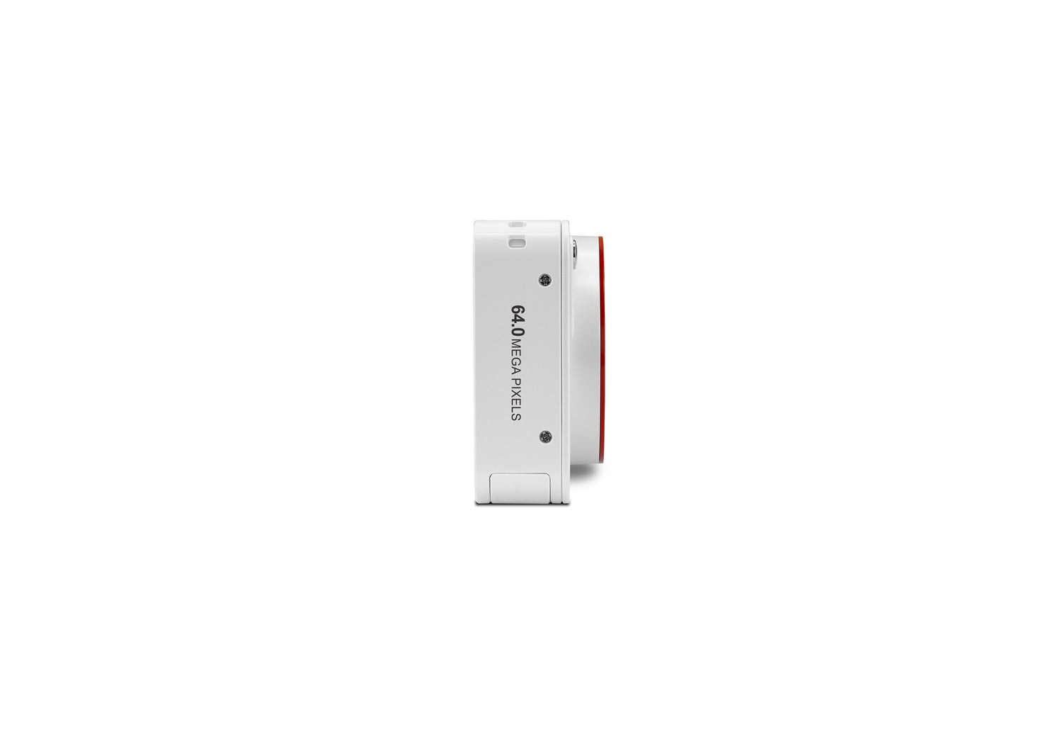 White electronic device with red accents on a white background