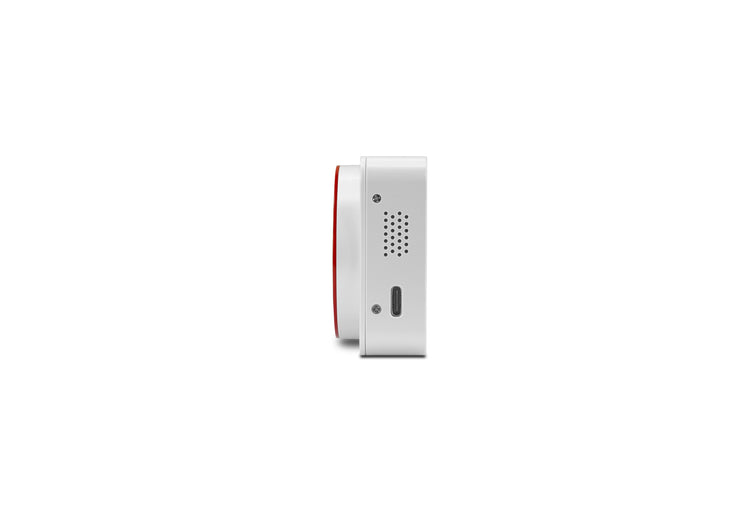 White electronic device with a red stripe on a white background