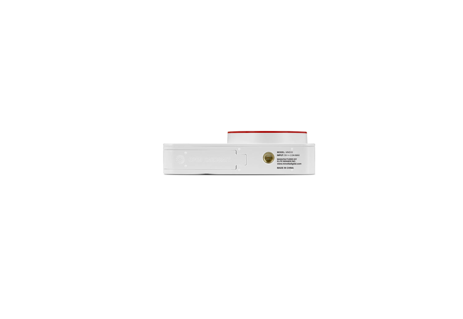 White cylindrical container with a red lid on a white background