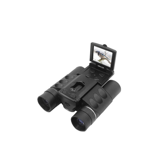 Black Minolta 10x25 4K UHD Digital Binoculars with a display screen on the right side, showing a bird image.