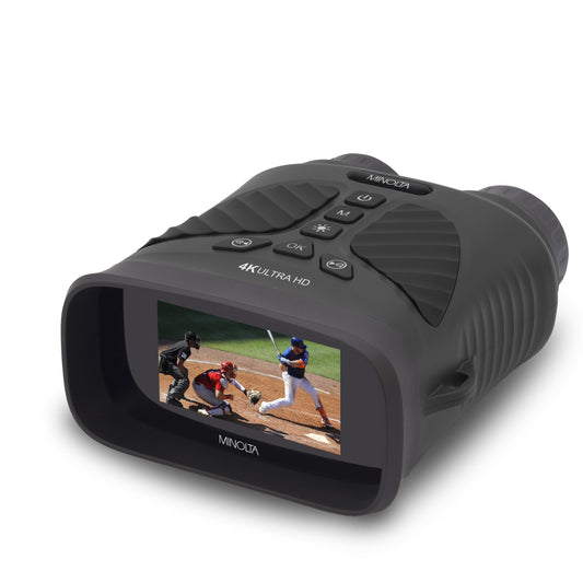 A black Minolta 10x25 Digital Night Vision Monocular with a screen displaying an image of two people.