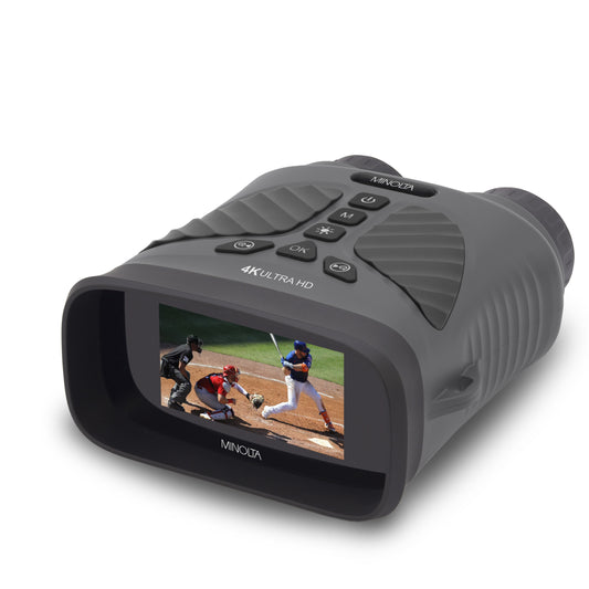A black Minolta 10x25 Digital Night Vision Monocular with a screen displaying an image of two people.