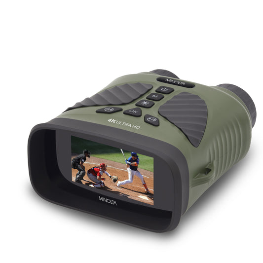 A black Minolta 10x25 Digital Night Vision Monocular with a screen displaying an image of two people.
