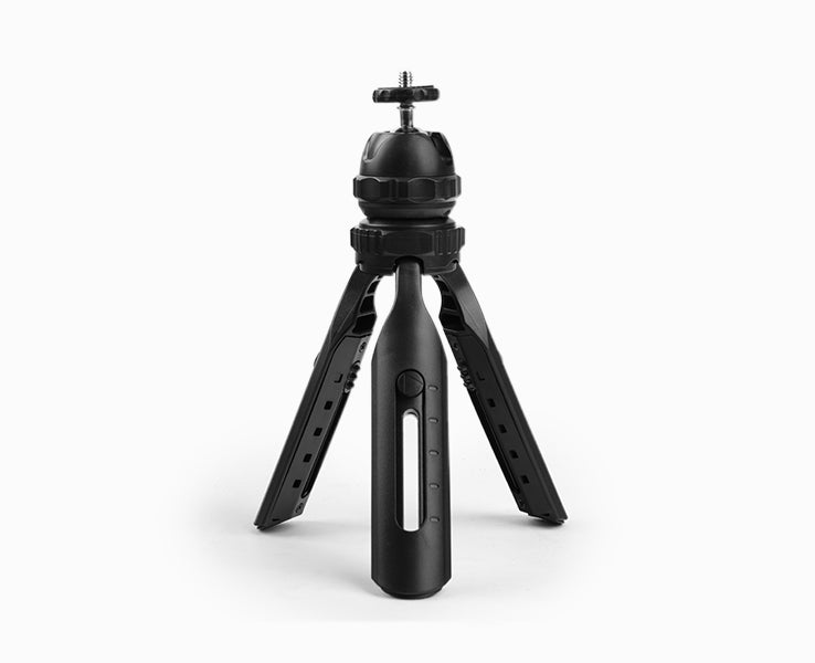 Black adjustable tripod on a white background