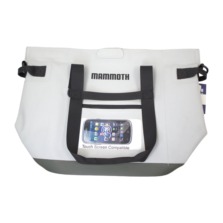 White cooler bag with black straps and Mammoth branding on a white background