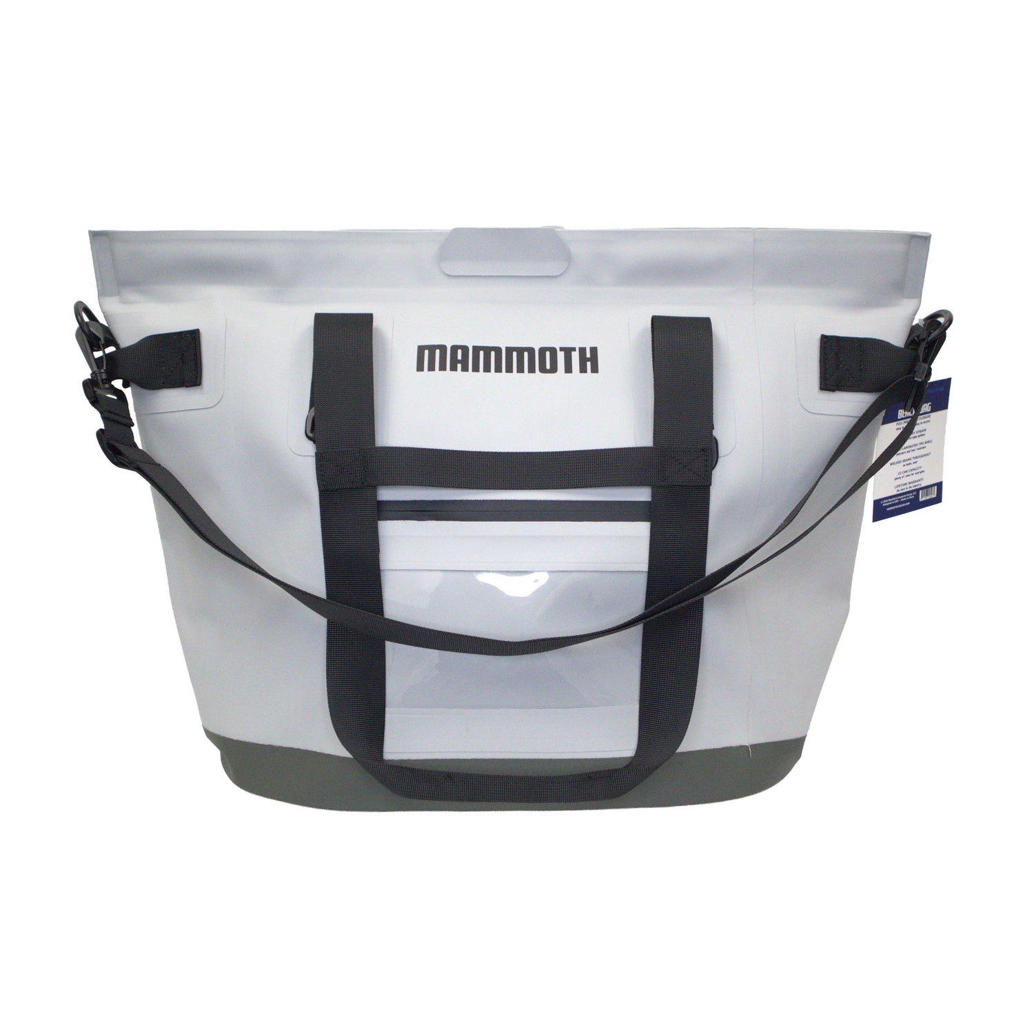 White cooler bag with black straps and 'Mammoth' branding on a white background