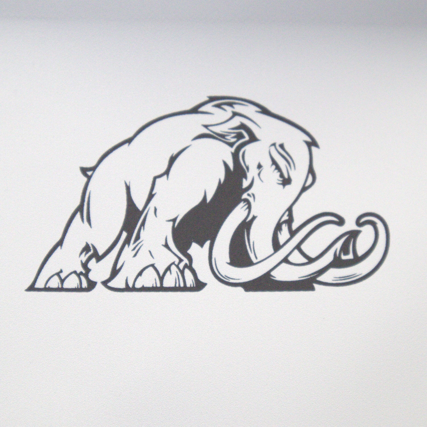 Black and white illustration of a mammoth on a light gray background