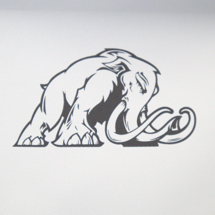 Black and white illustration of a mammoth on a light gray background