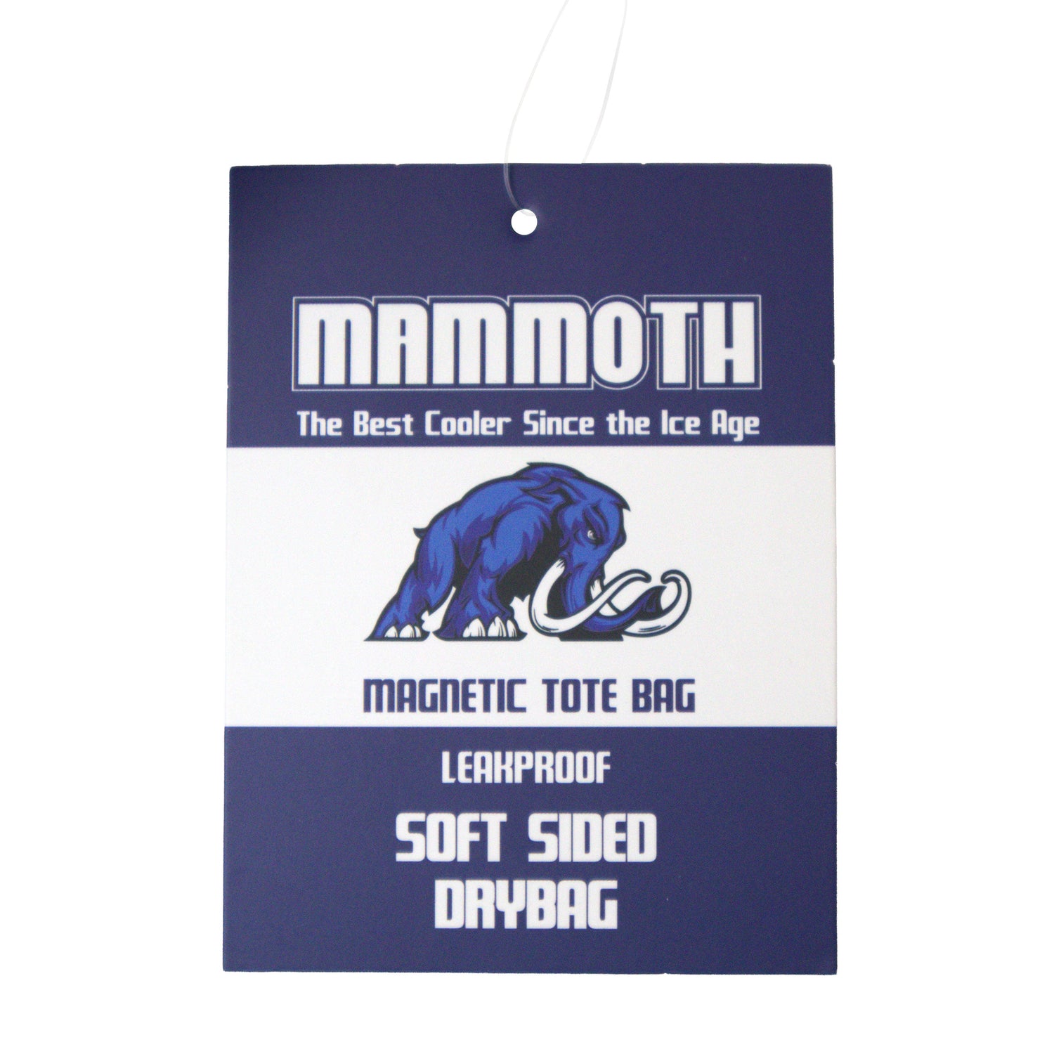 Mammoth magnetic tote bag packaging with blue mammoth illustration on a white background