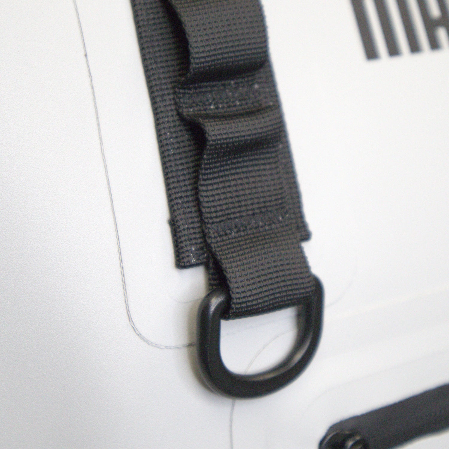 Close-up of a black strap with a carabiner on a white background