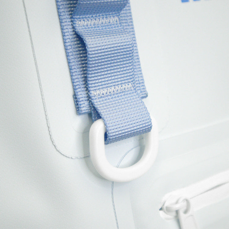 Blue strap with white text on a white background