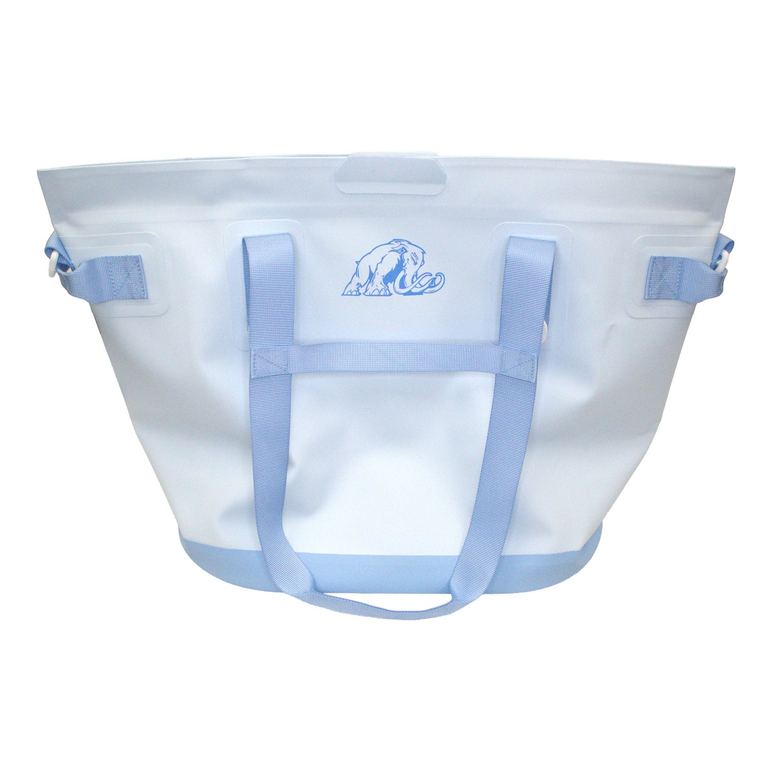Clear tote bag with blue handles and a logo on a white background