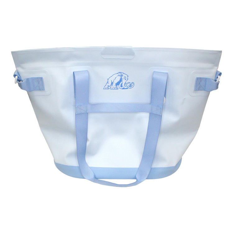 Clear tote bag with blue handles and a logo on a white background