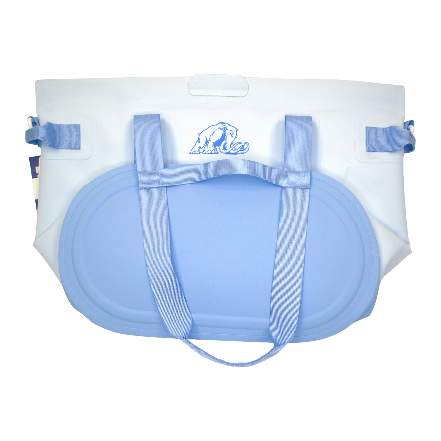 Blue and white diaper with a visible brand logo on a white background