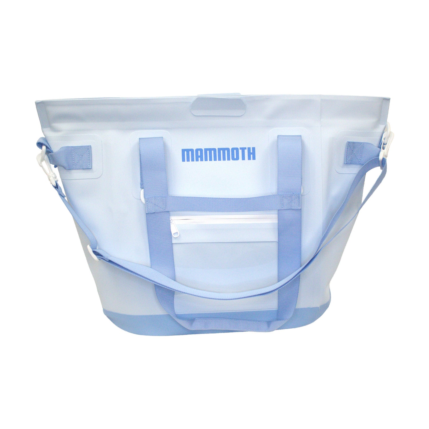 Clear tote bag with blue accents and 'Mammoth' branding on a white background
